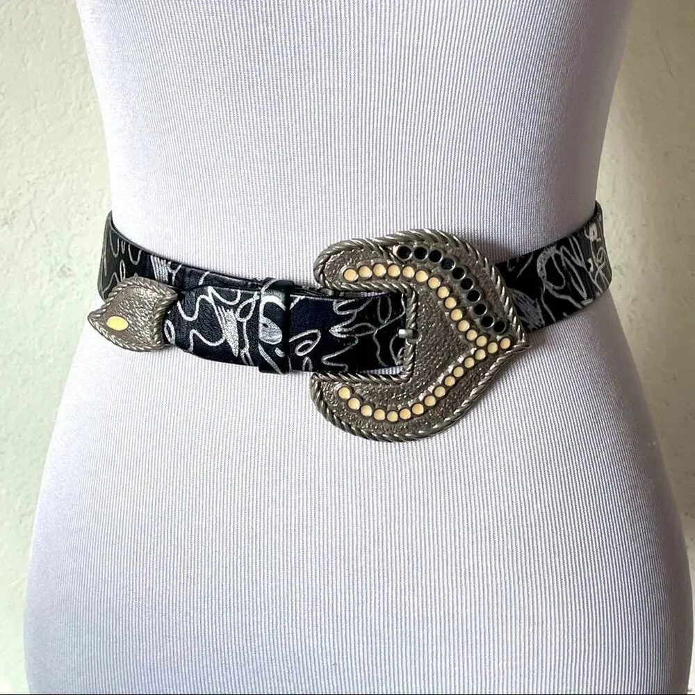 Carol Van Wyck Vintage Chunky Buckle Black Grey Printed Western Belt